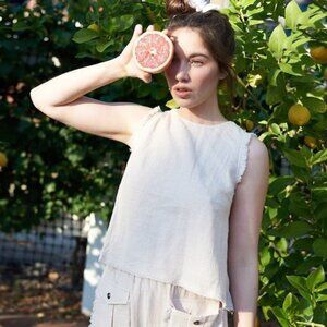 New &Merci Beige Cotton Sleeveless Top with Detailed Fringe Size M